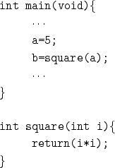 \begin{figure}{\tt
int main(void)\{\\
\hspace*{1cm}$\cdots$\\
\hspace*{1cm}a=5...
...}\\
int square(int i)\{\\
\hspace*{1cm}return(i*i);\\
\}
} %\tt\end{figure}
